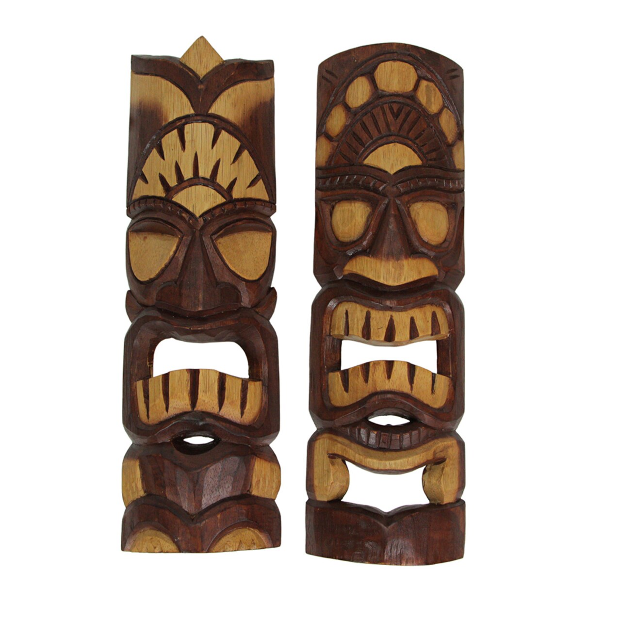 Carved Natural Stained Wood Polynesian Style Tiki Wall Hanging Masks 20 inch